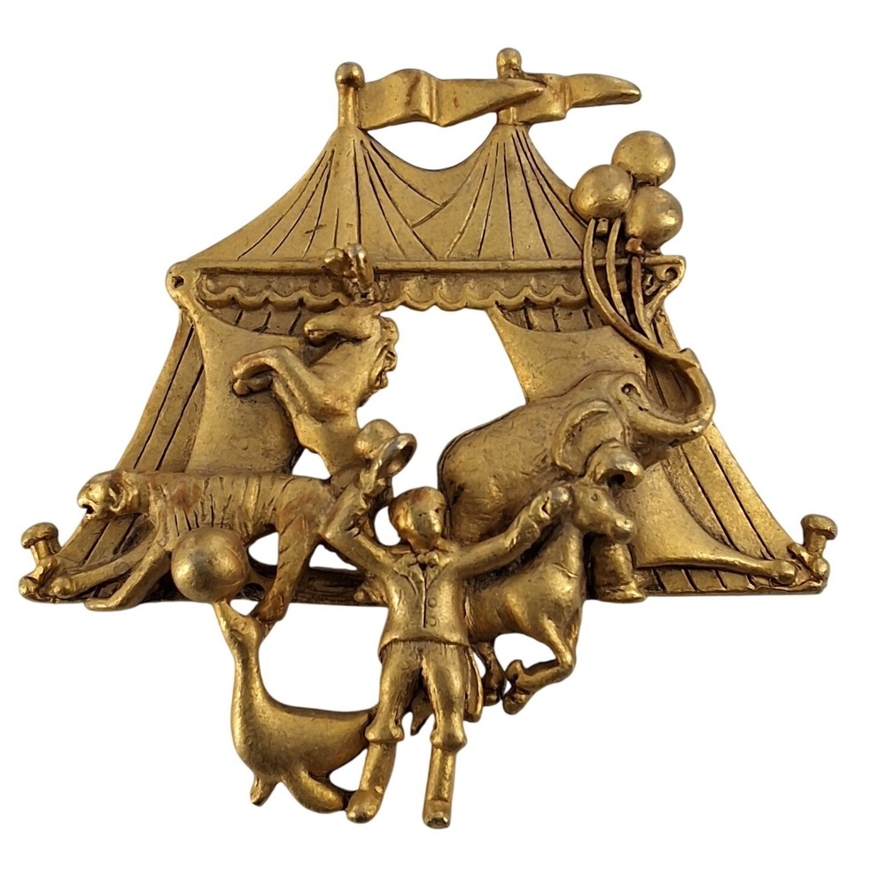 Vintage AJC 1980s Gold Tone Big Top Circus Tent Novelty Figural Brooch Pin
